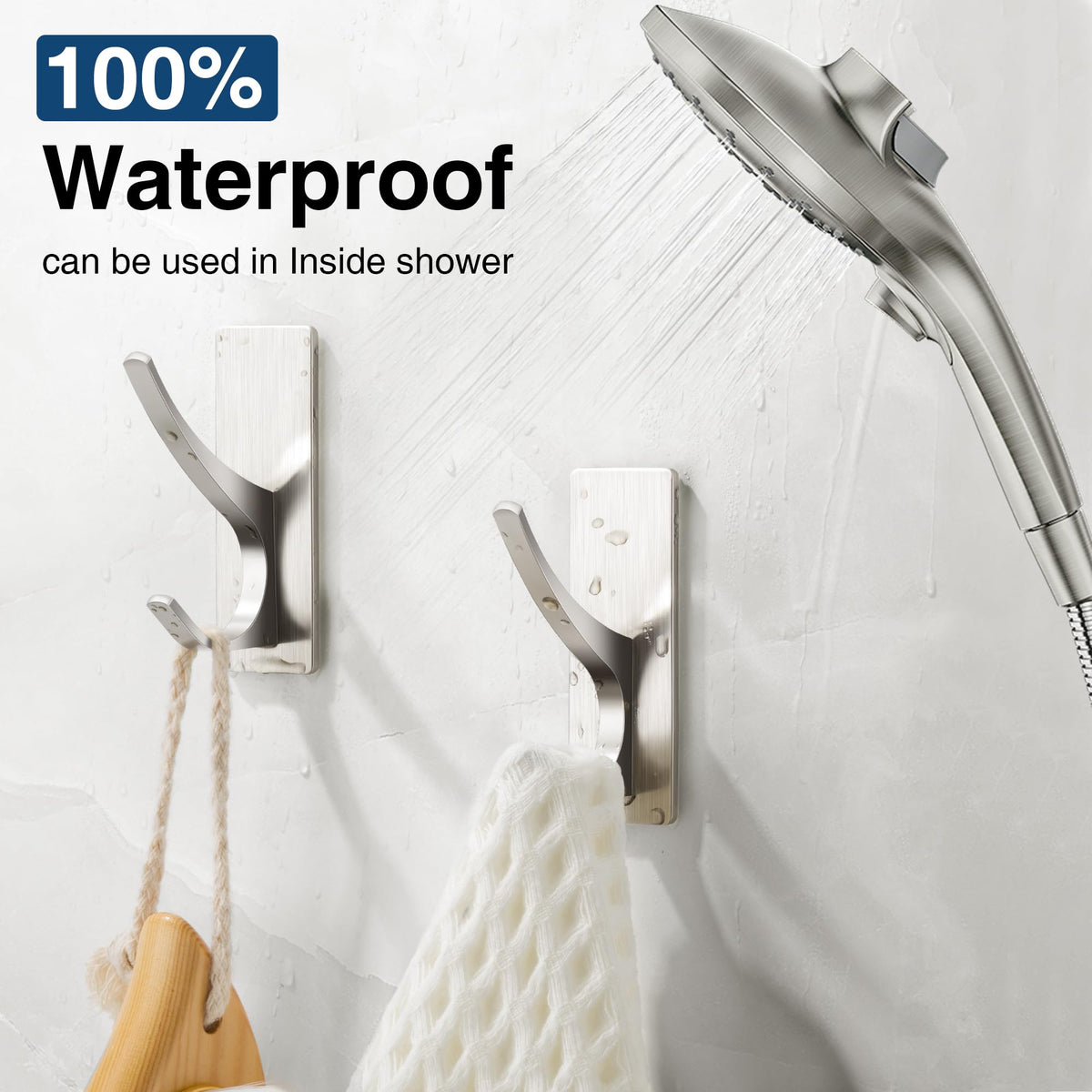 Josmimic brushed-nickel towel hook in shower with loofah