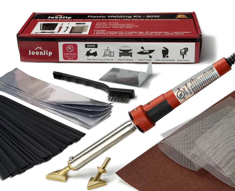 JOUNJIP plastic welding kit packaging shows complete contents for DIY repairs.