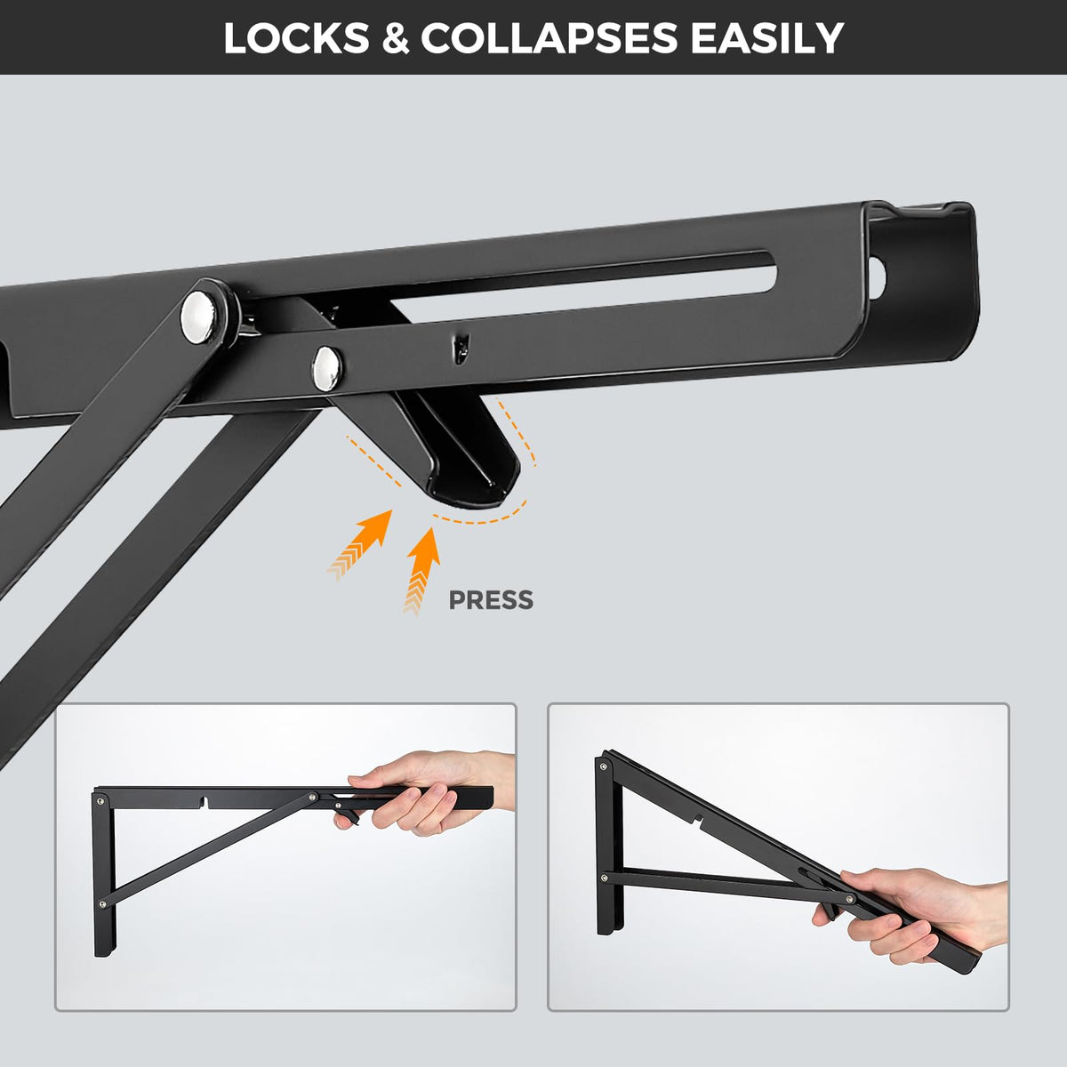 JOY DECOR collapsible wall brackets in-use on a garage workbench.