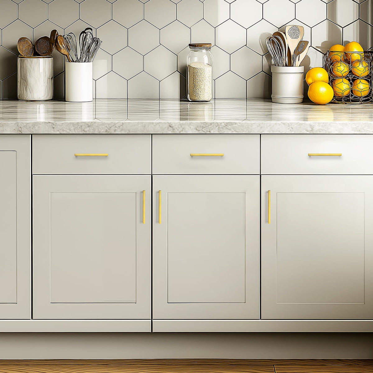 JOY DECOR kitchen cabinet hardware in gold elevates contemporary spaces.