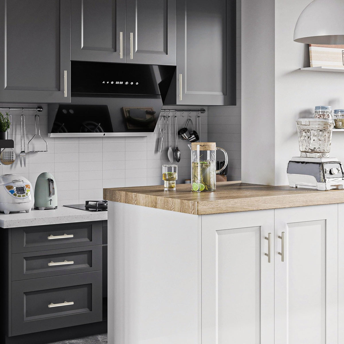 Joy Decor brushed nickel hardware blends with stainless appliances and light woods.