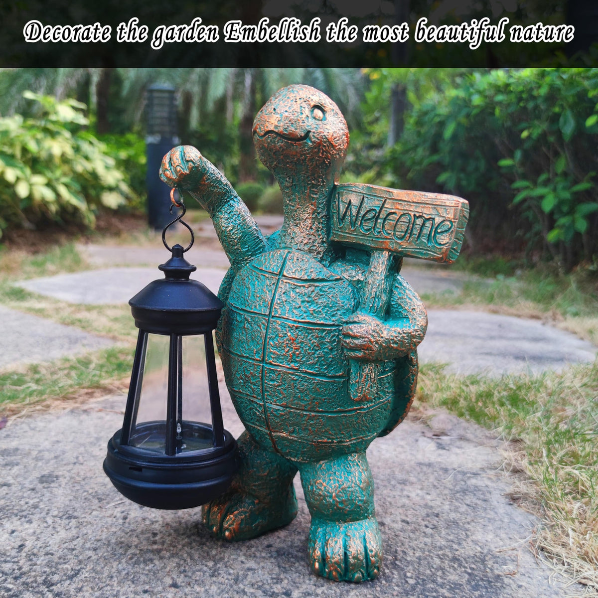 JOYBEE outdoor turtle lantern statue auto lights at night after daytime charging.