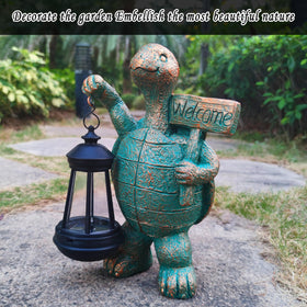 JOYBEE outdoor turtle lantern statue auto lights at night after daytime charging.