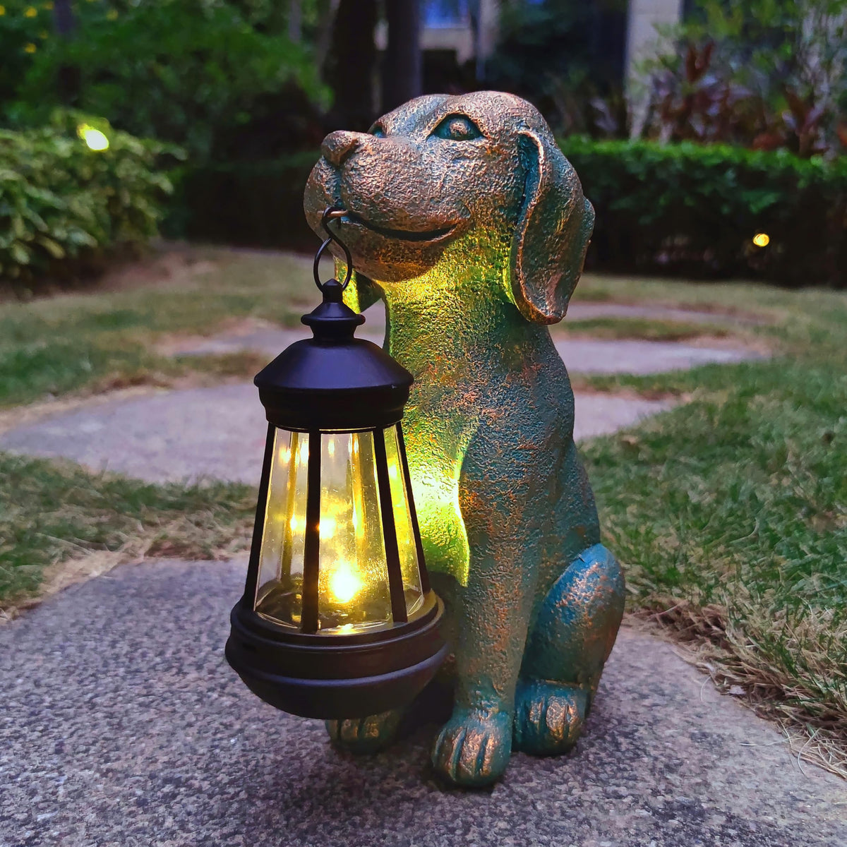JoyBee patio dog statue provides cozy illumination on balconies.