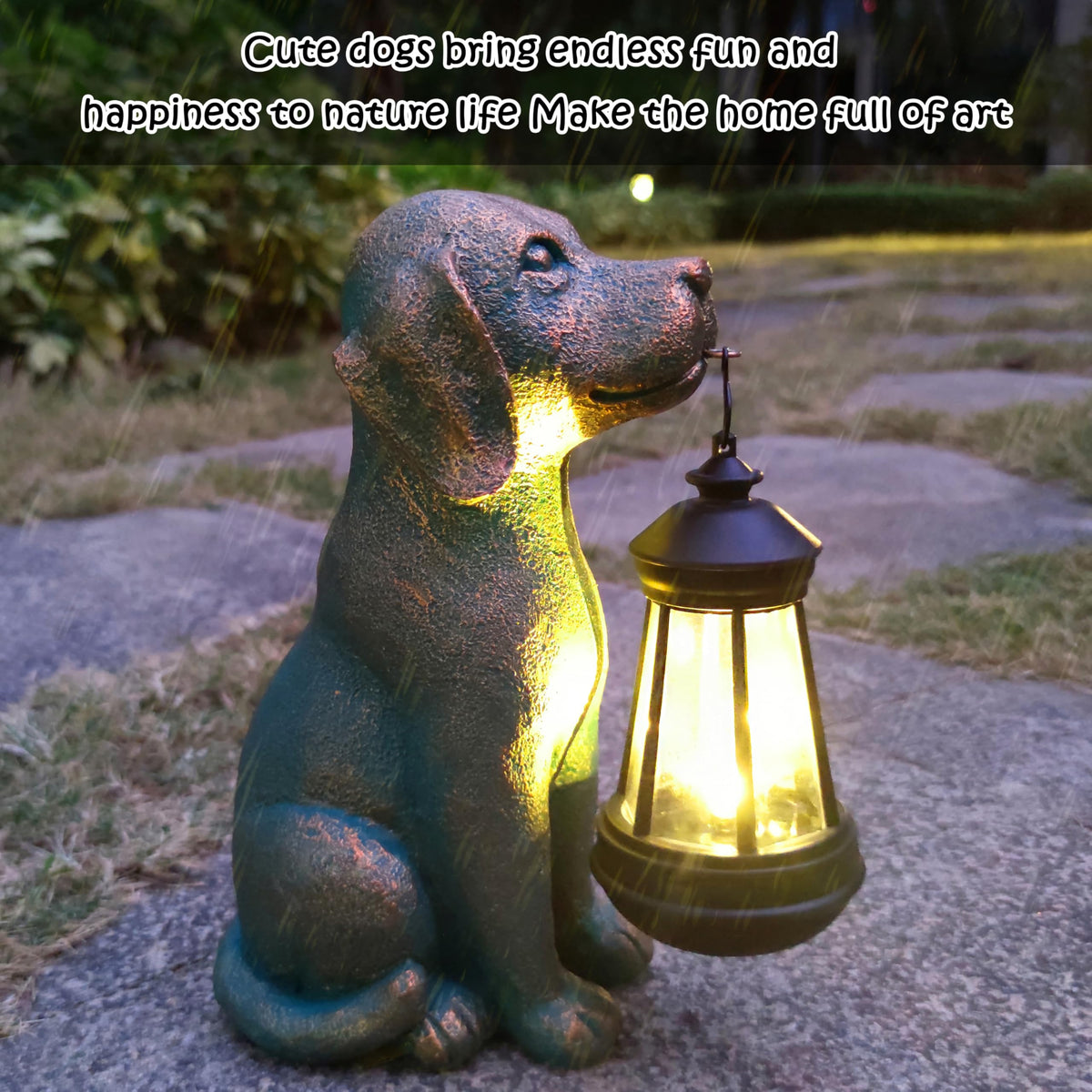 JoyBee porch lantern statue adds subtle evening light to entryway.