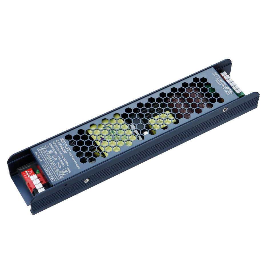 JOYLIT 24V power supply front view showing 400W capacity for LED setups.