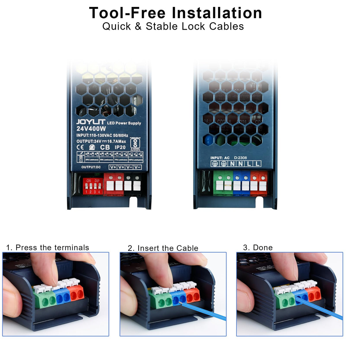 JOYLIT 24V power supply soft-start reduces glare and protects LEDs.