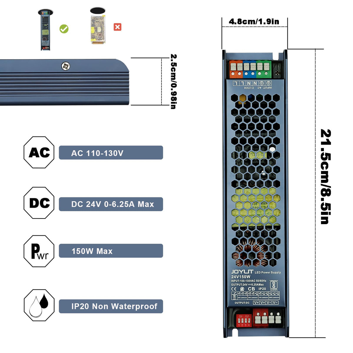 JOYLIT 4-step DIP switch close-up for voltage options.