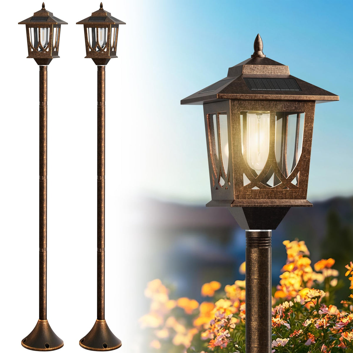 Joyoowild 63-inch solar lamp post light for outdoor patios with a warm glow.