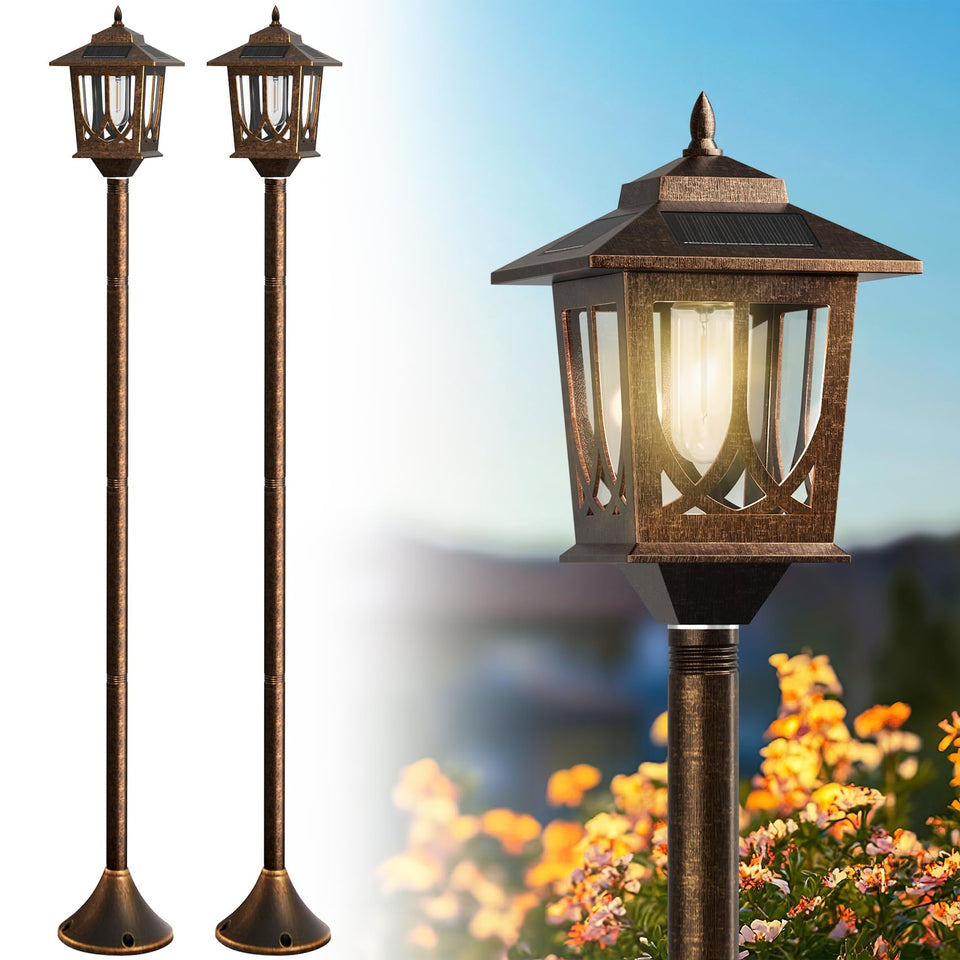 Joyoowild 63-inch solar lamp post light for outdoor patios with a warm glow.