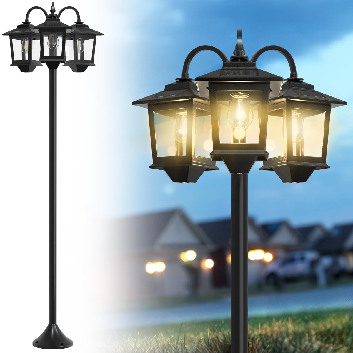 Joyoowild 73-inch solar lamp post with three heads lighting patios and entryways