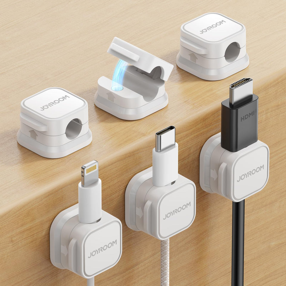 Joyroom 6-pack magnetic cable clips secure charging cables on desks for a tidy workspace.