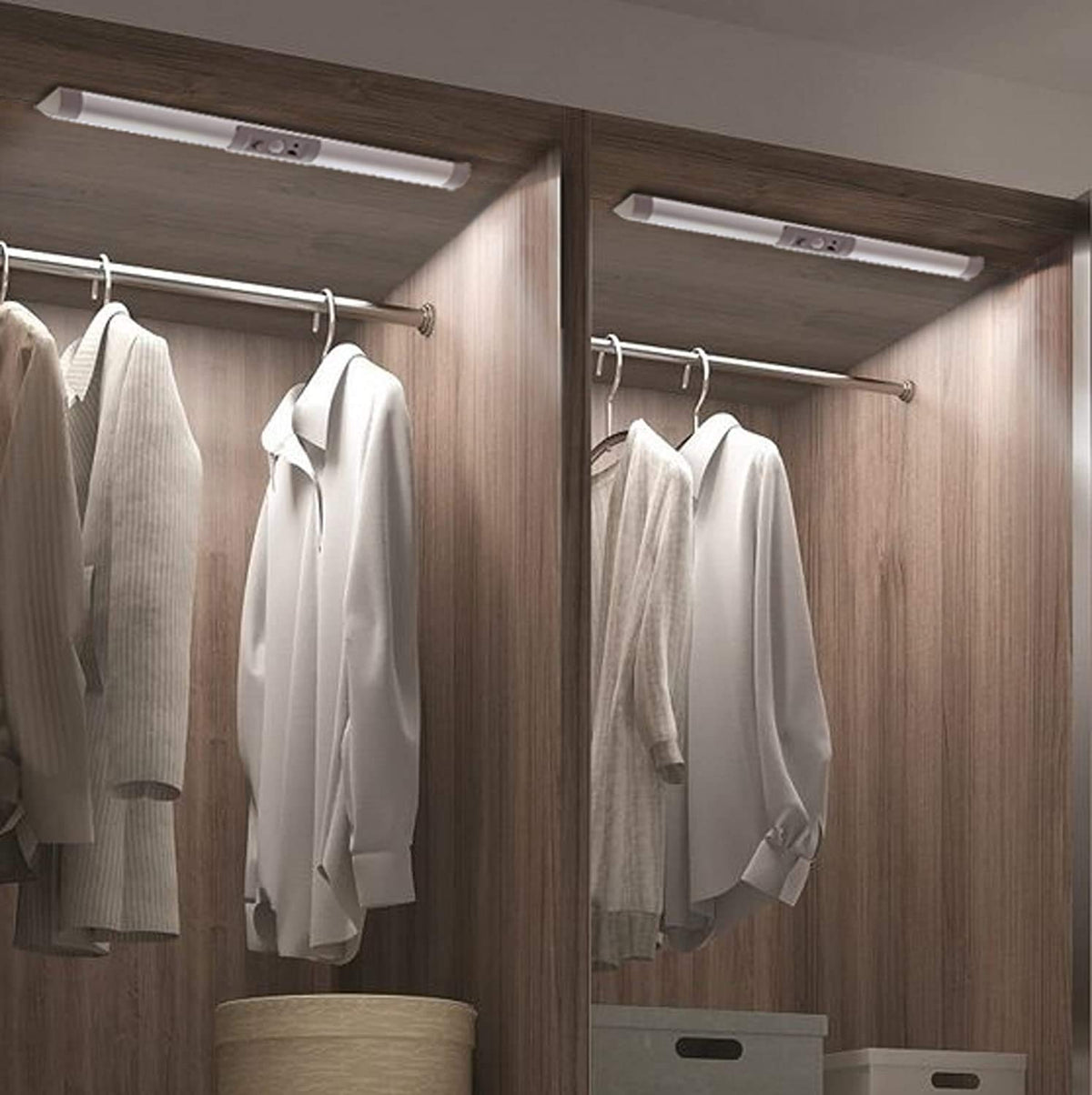 Joyzy 2-pack motion sensor closet light on a shelf for clear visibility.