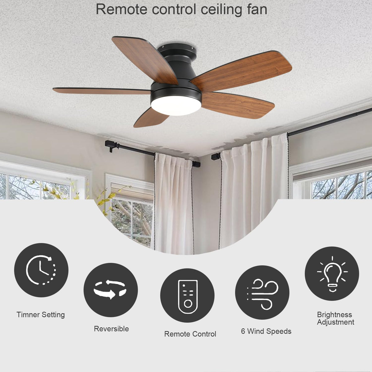 JSAITEE remote-control ceiling fan light, closeup, convenient all-in-one operation.
