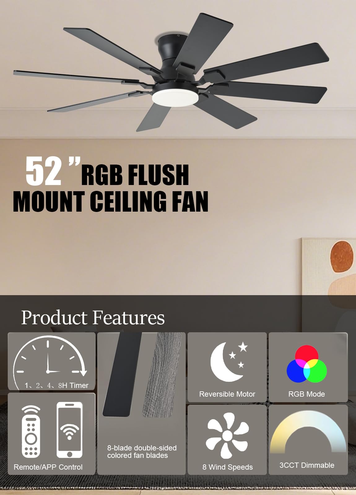 JSAITEE ceiling fan-light with dimmable remote control for customizable ambiance