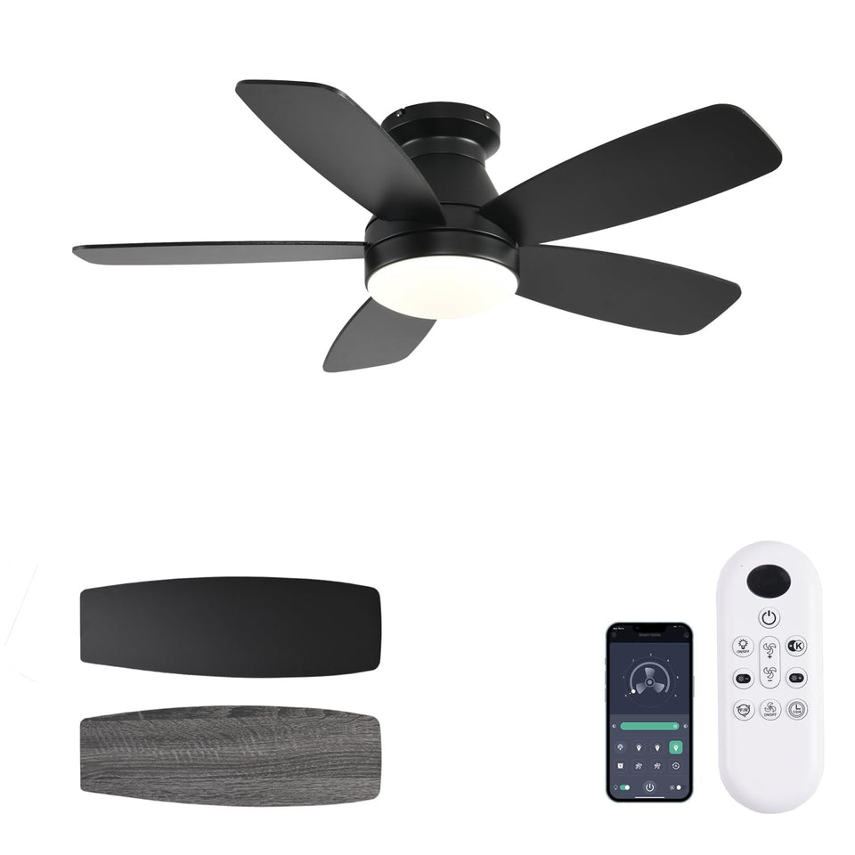 JSAITEE 42-inch ceiling fan with black finish and remote for quiet cooling