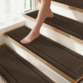 JSEI non-slip stair treads in brown with strong grip for safer wooden stairs.