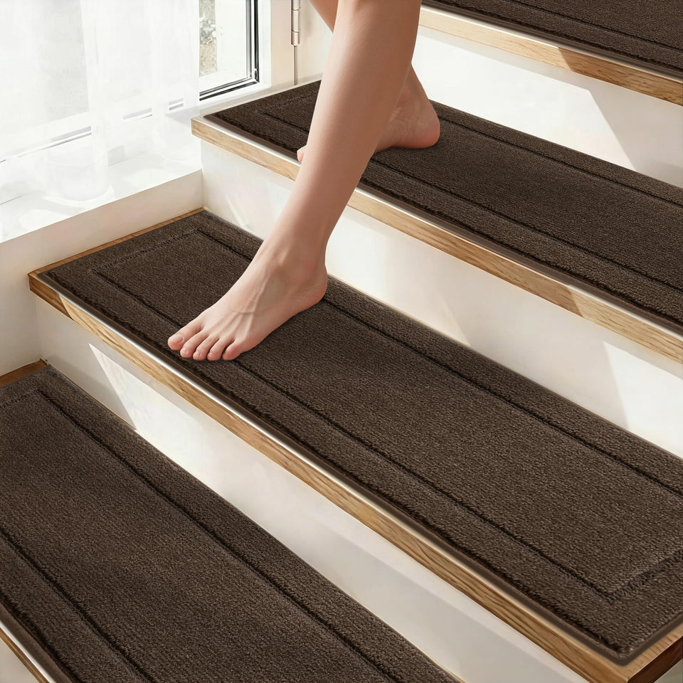 JSEI non-slip stair treads in brown with strong grip for safer wooden stairs.