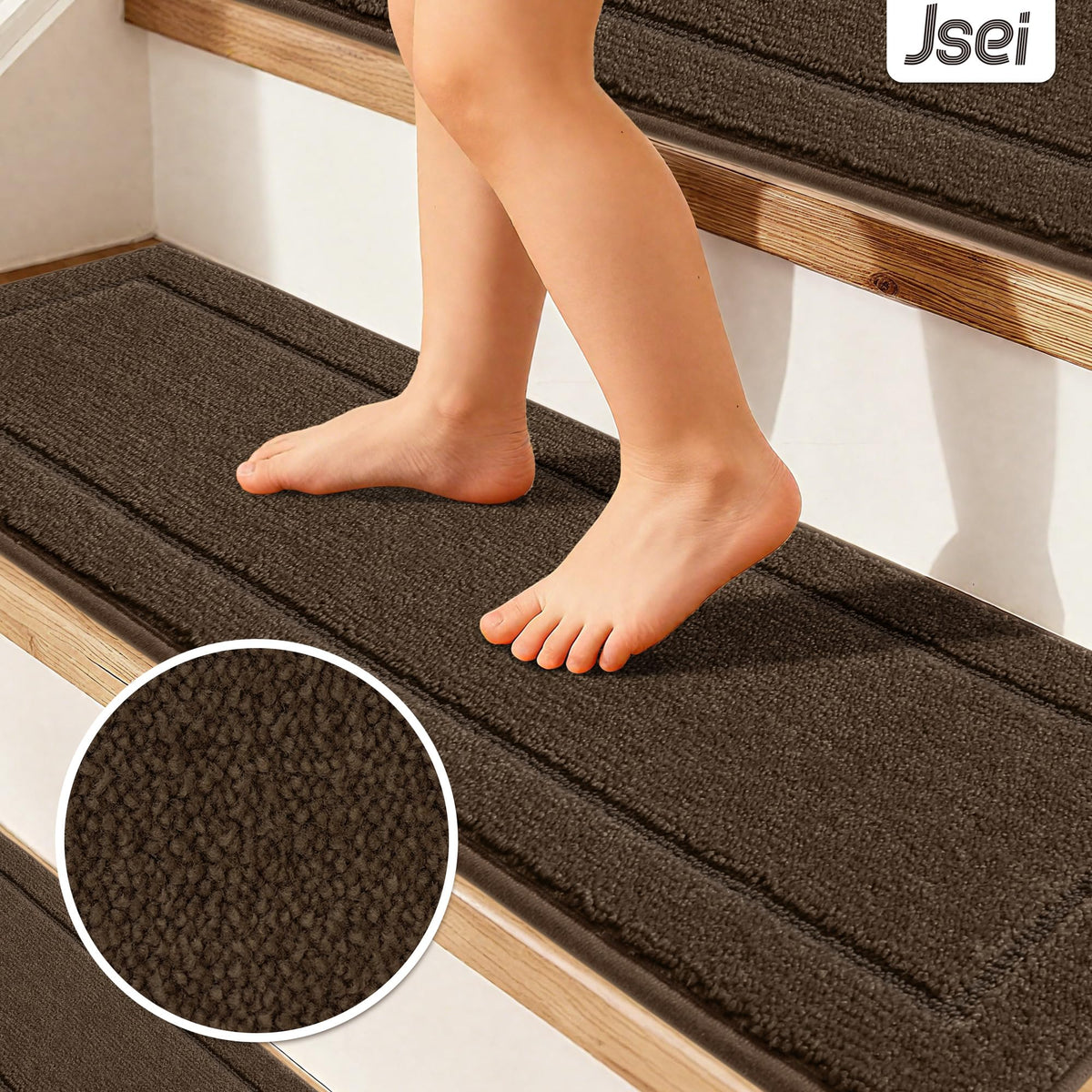 JSEI soft polyester stair runners for comfortable footing on stairs.