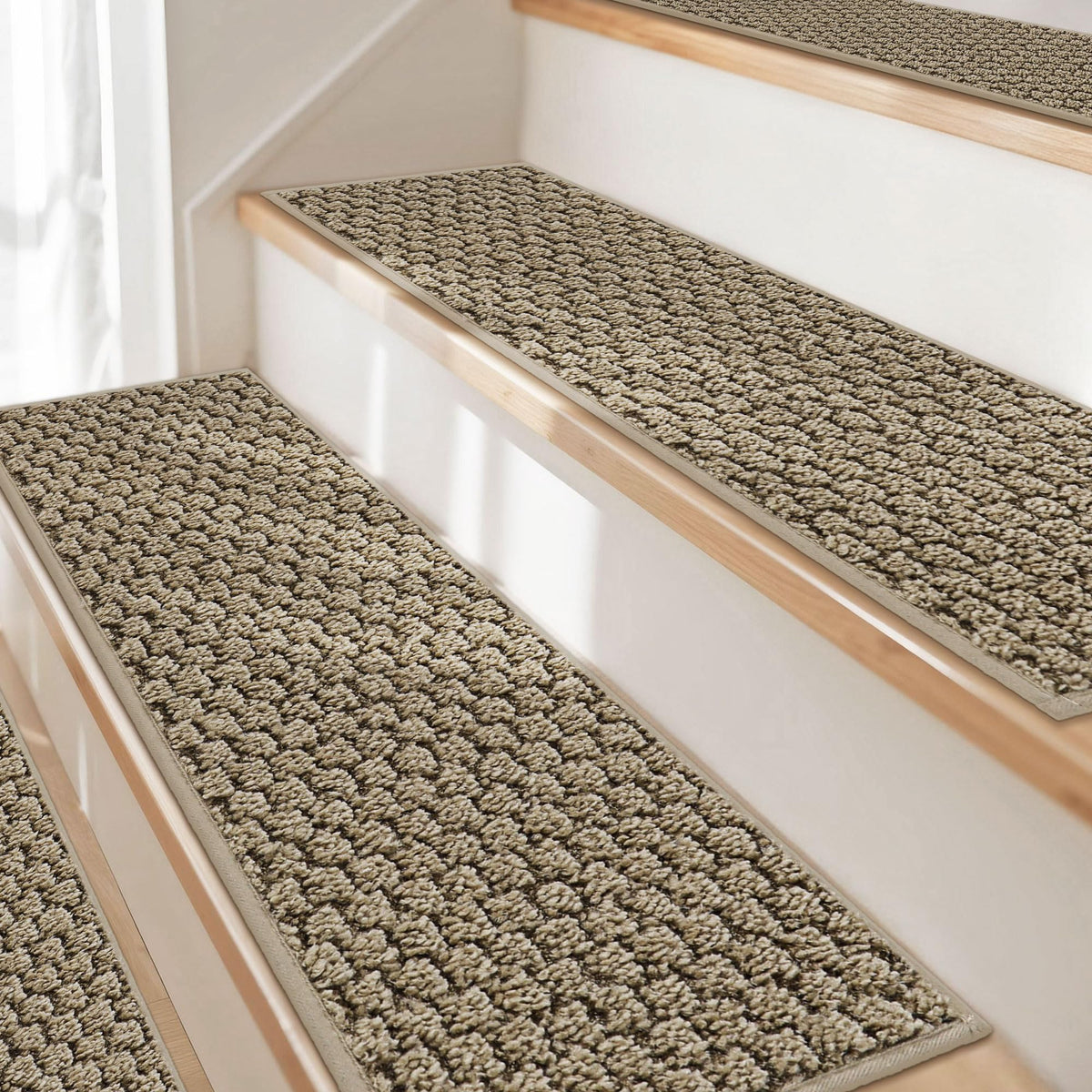 JSEI stair treads product shot, beige, 14-pack with non-slip stability
