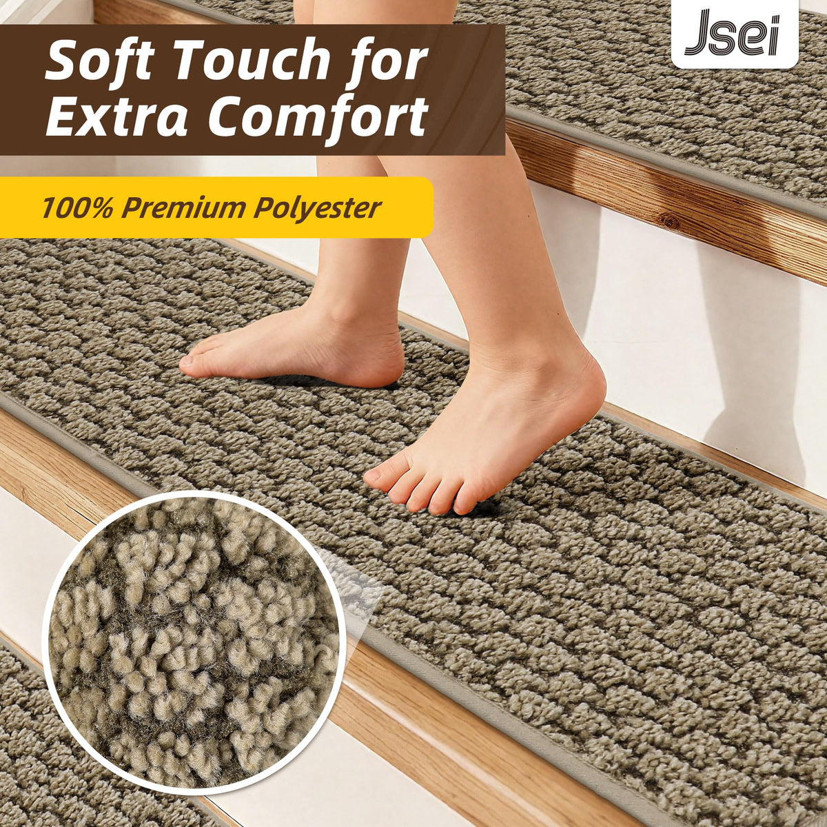 Soft polyester surface of JSEI stair treads for comfort
