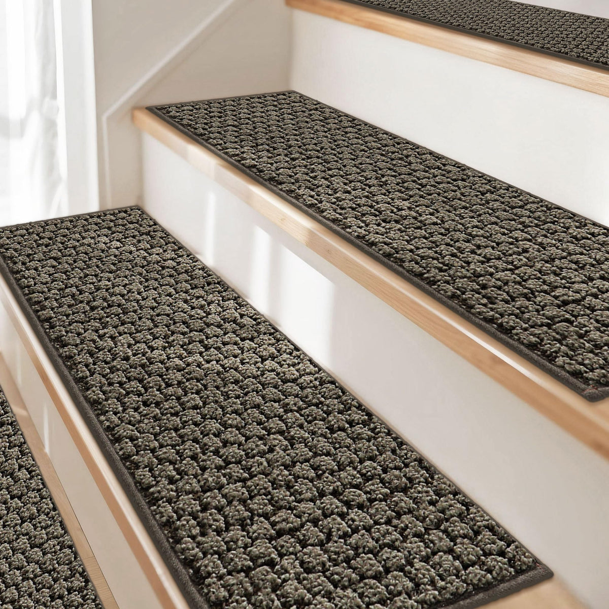 JSEI stair treads with striped backing for anti-slip grip on wooden stairs