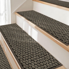 JSEI stair treads with striped backing for anti-slip grip on wooden stairs