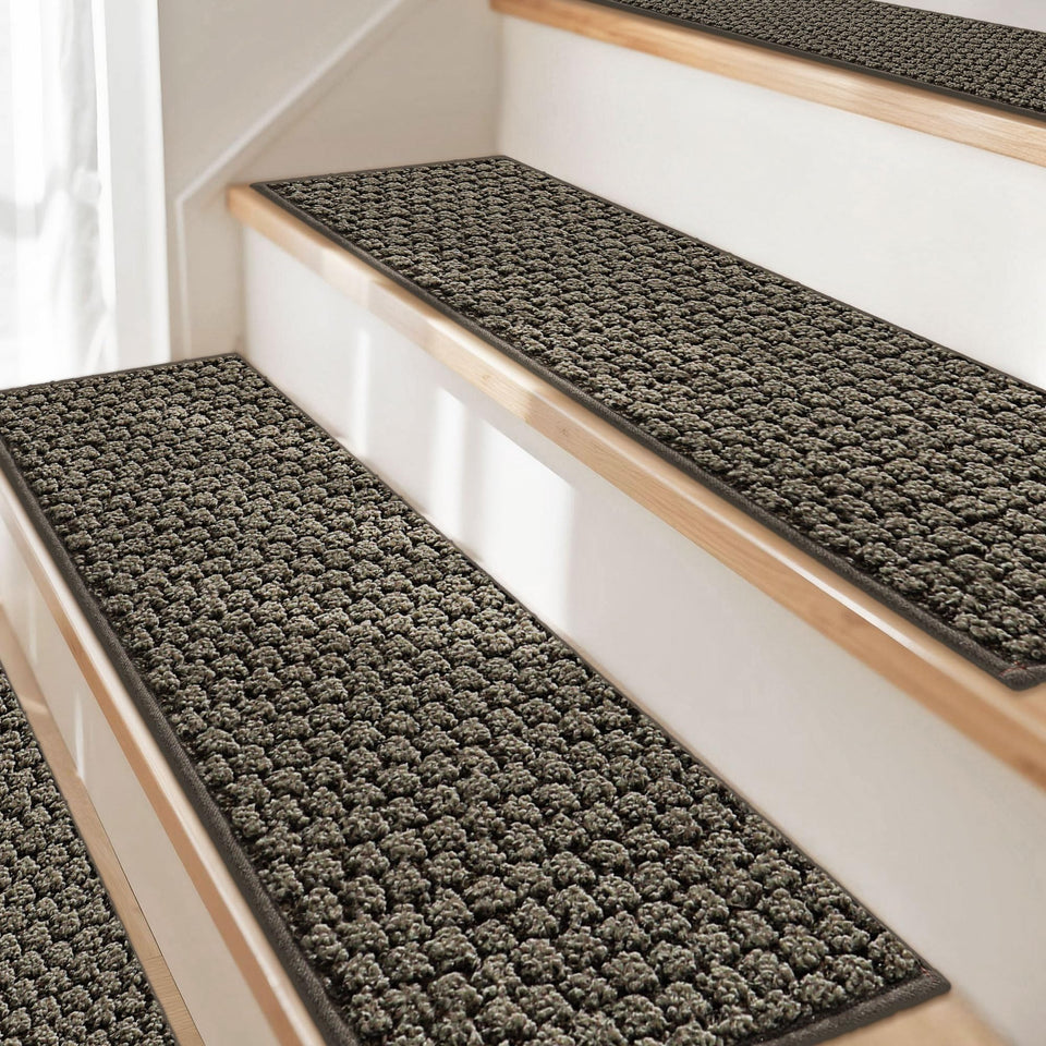 JSEI stair treads with striped backing for anti-slip grip on wooden stairs