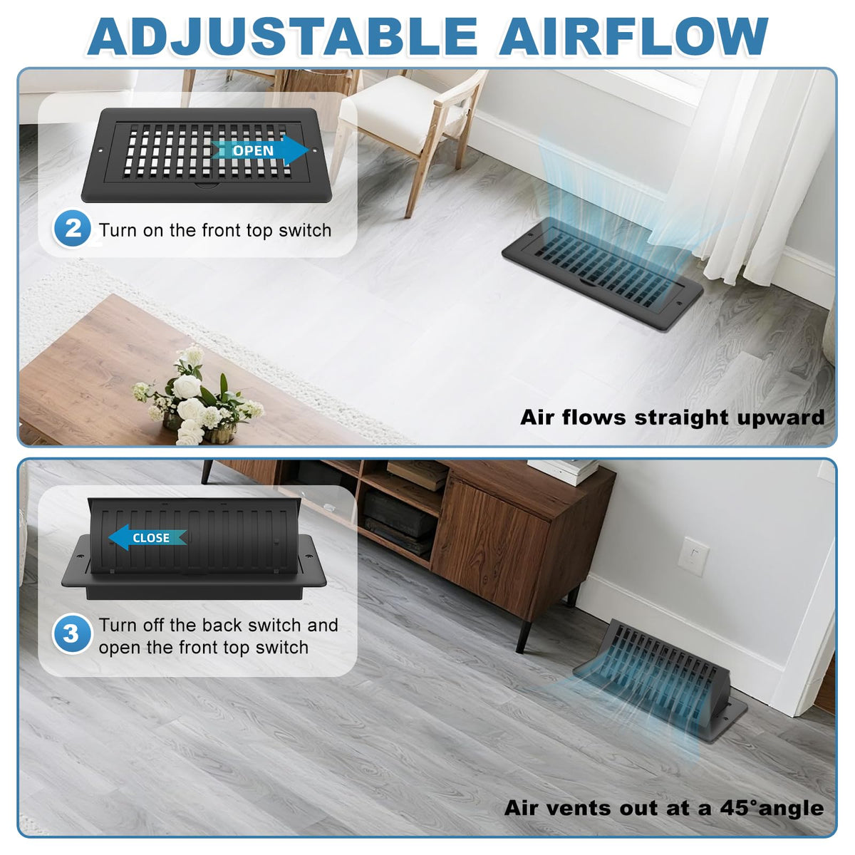 JSLIN matte black vent cover blends with floors while reducing visibility.