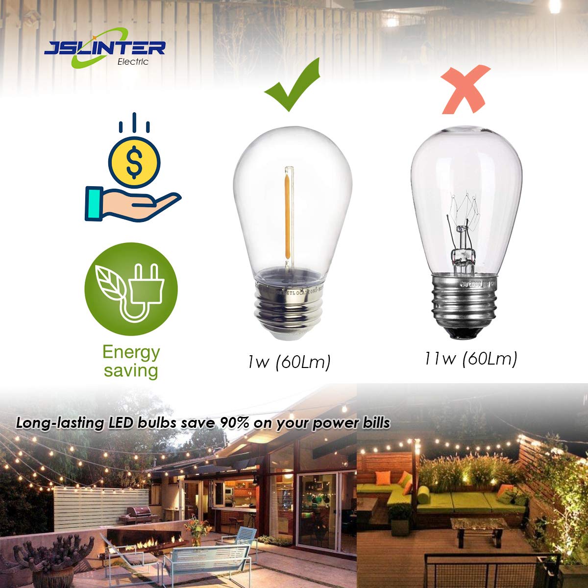 Jslinter S14 E26 base bulb fits standard fixtures for easy upgrades.