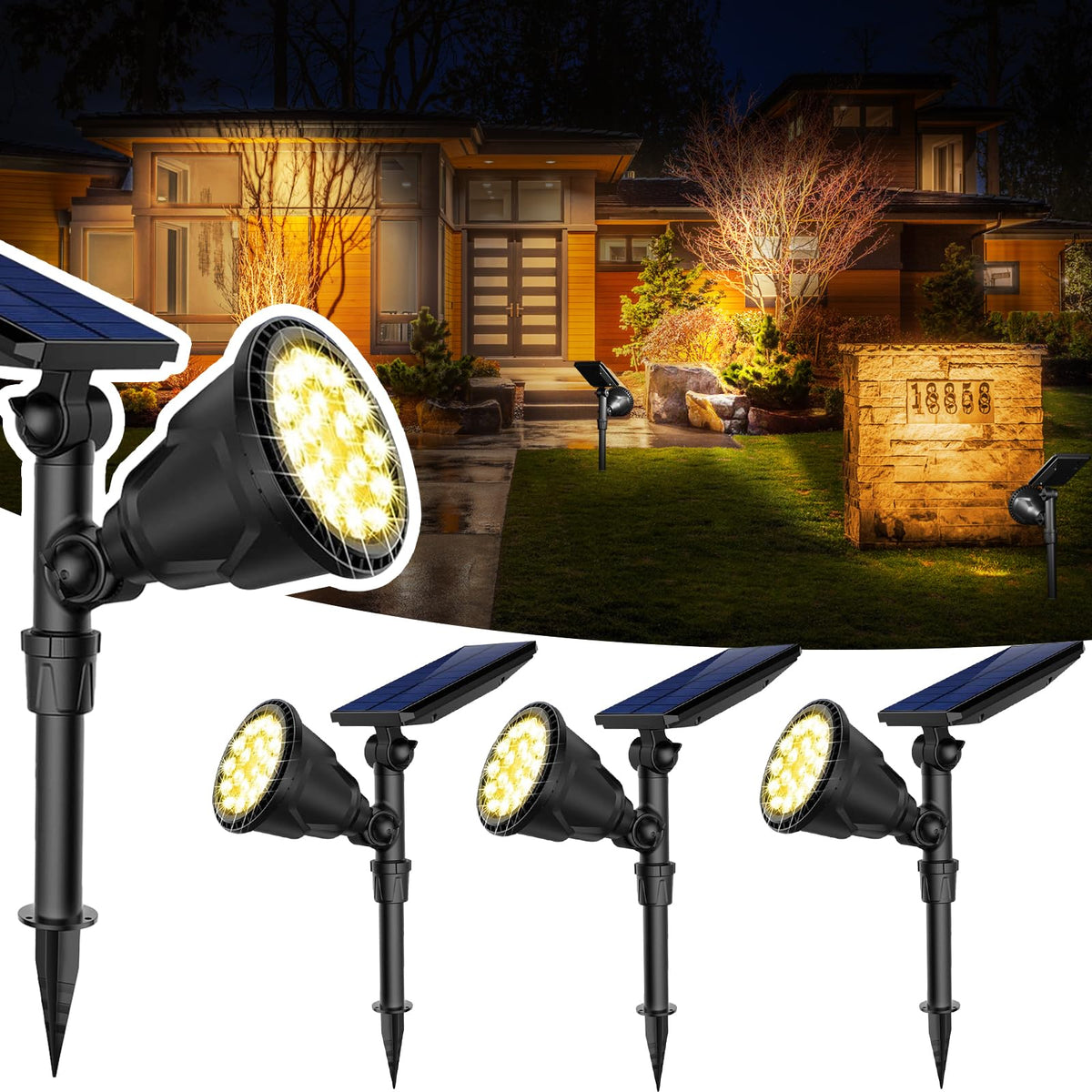 JSOT 600lm solar spotlight illuminating backyard path at night