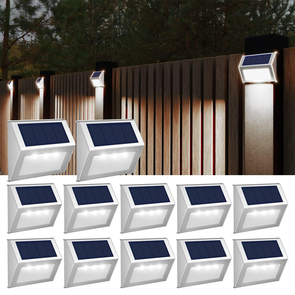 JSOT solar fence lights on fence at dusk, boosting perimeter visibility