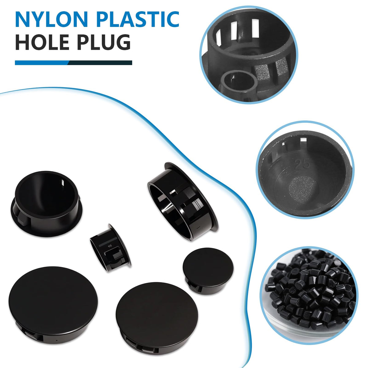 Close-up of JTAREA black nylon hole plug showing smooth finish.