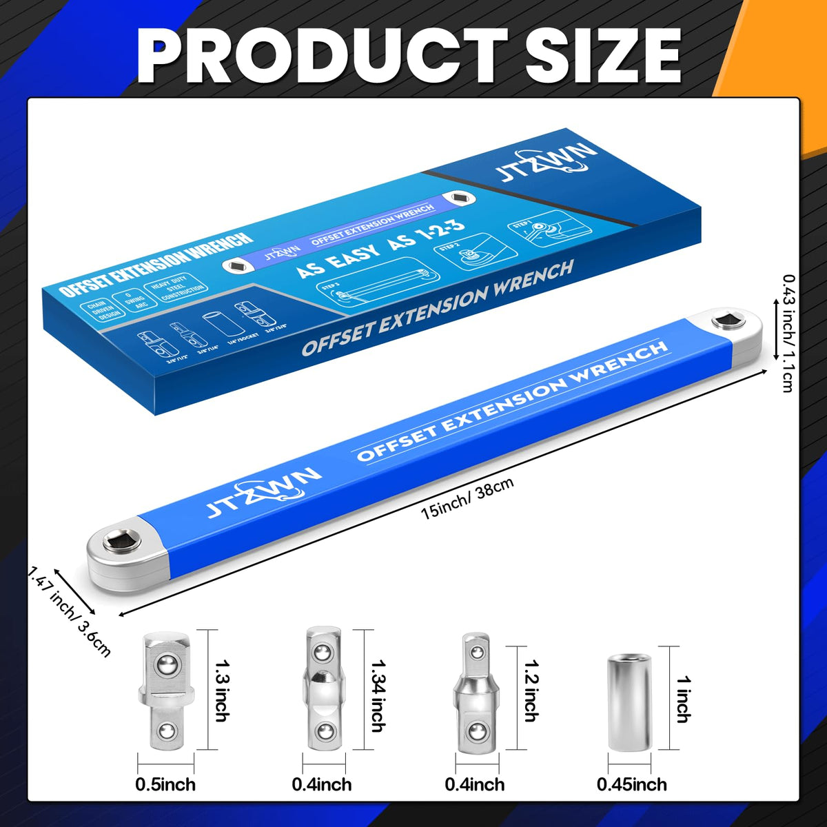 JTZWN drive adapters 1/2, 1/4, 3/8 for versatile socket compatibility.