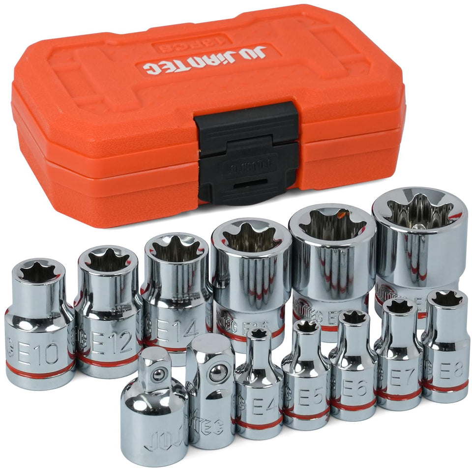 JU JIAN TEC E-Torx socket set in a rugged molded case for portability.