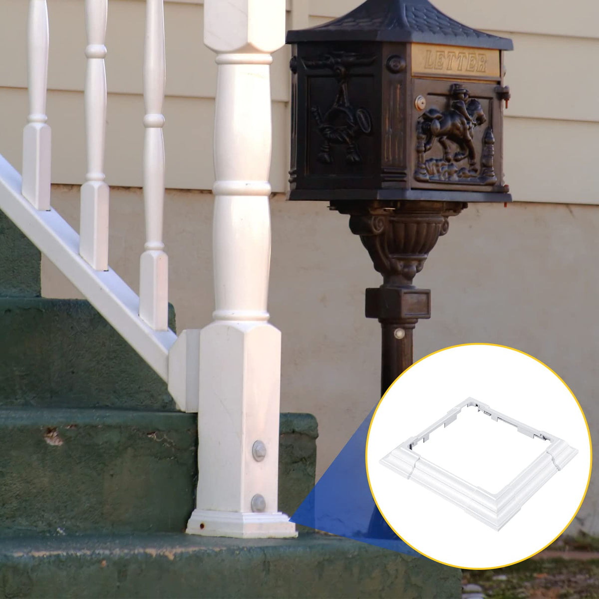 White Juexica post wrap enhances porch railing with subtle elegance.
