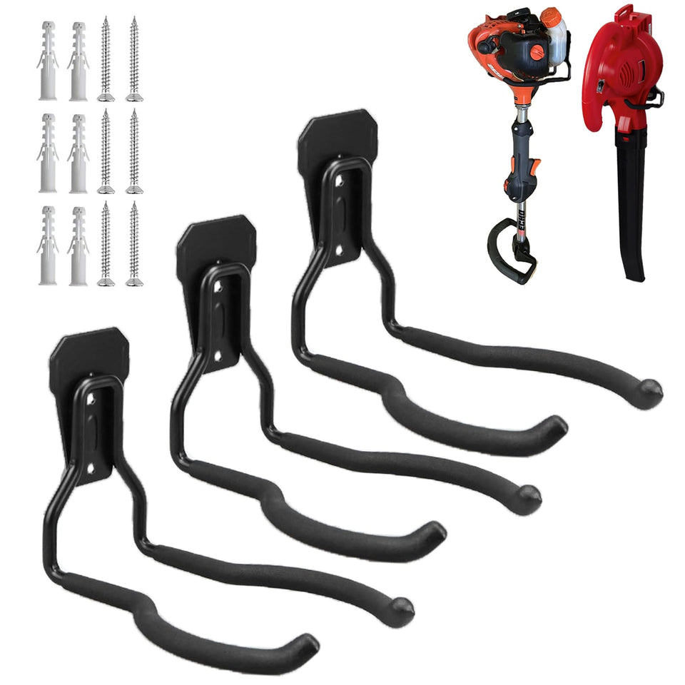 Juformin Garden Power Tool Hanger 3-Pack keeps weed eaters and drills organized on the wall.