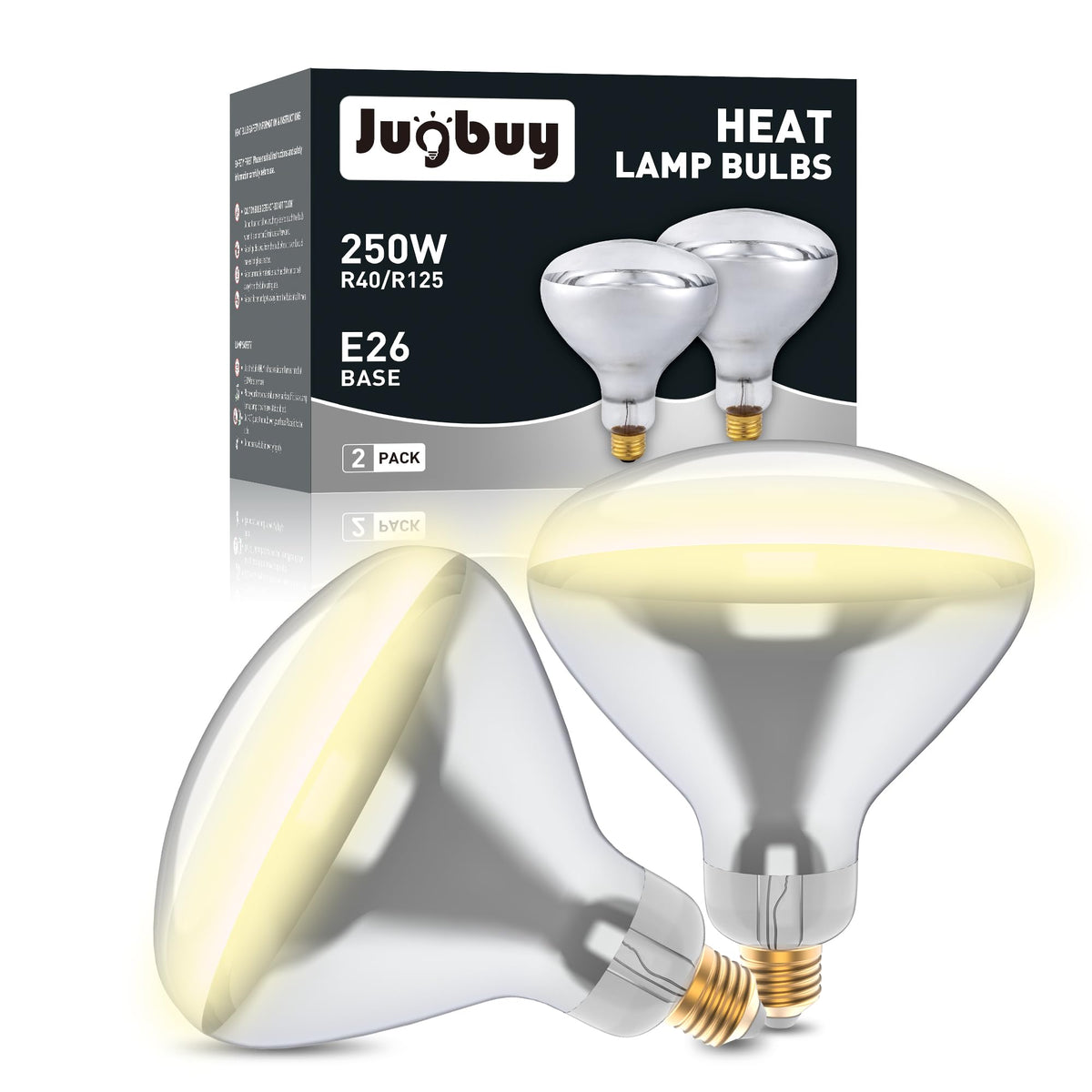 Jugbuy 250W heat lamp bulb in clear glass for E26 base, visible warmth in indoor spaces