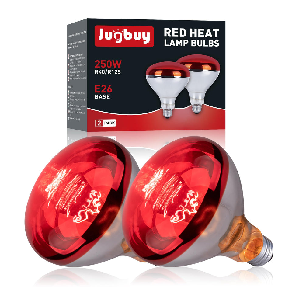 Jugbuy 250W red heat lamp bulb emits infrared warmth for chicks in brooders.