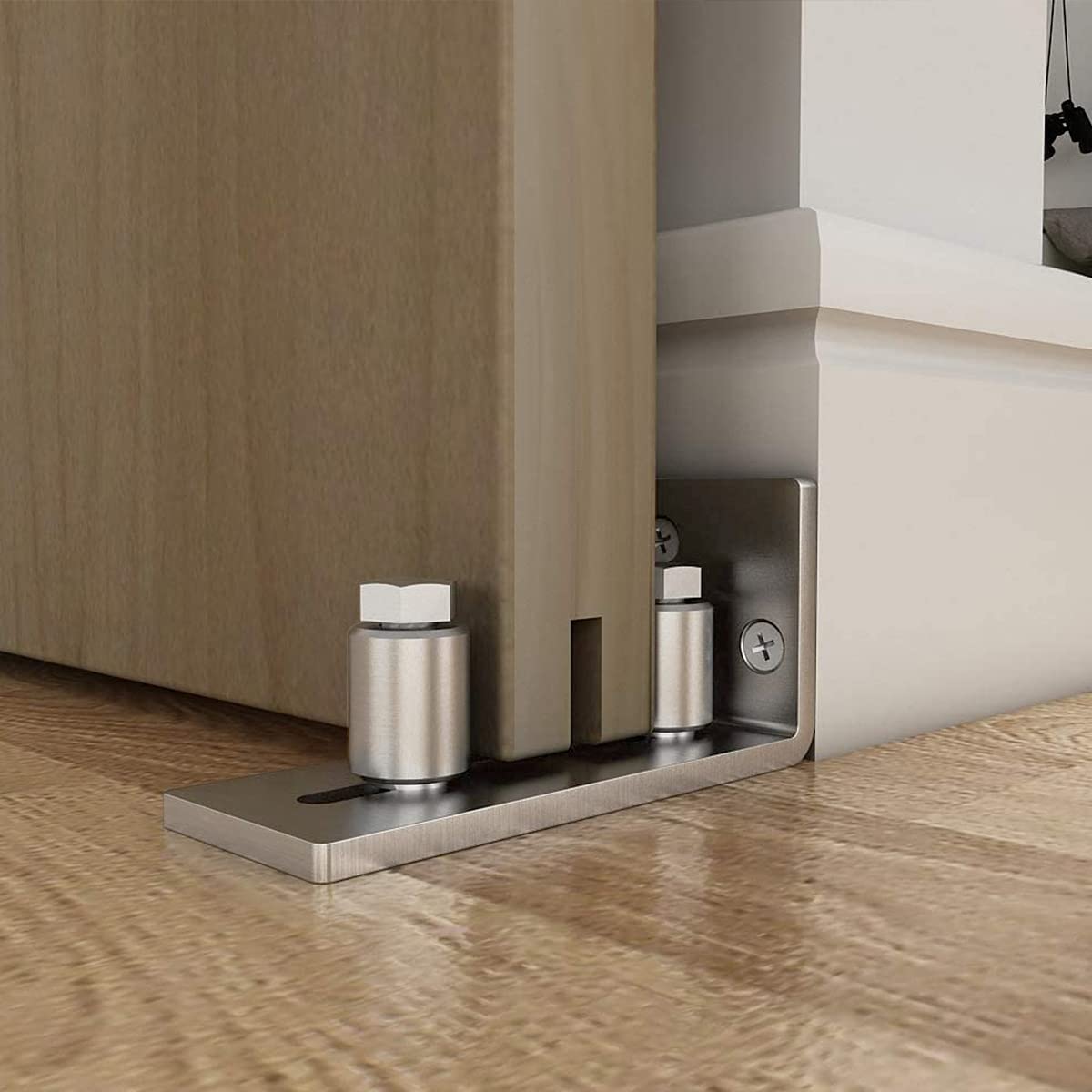 JUGREAT Barn Door Guide works with interior and exterior doors up to 2 1/8 in thick.