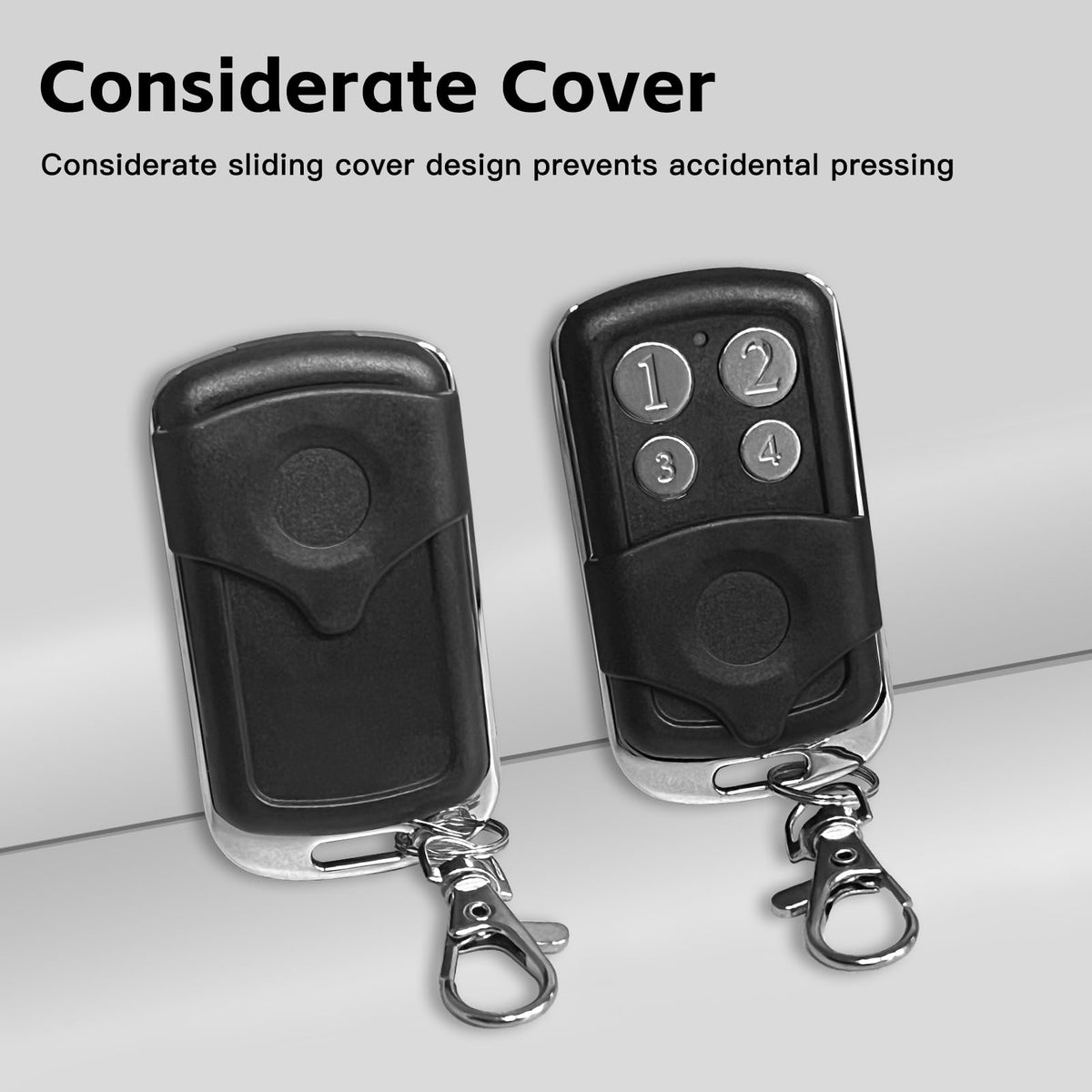 JUJIANG gate opener remote button close-up emphasizes quick programming and use.