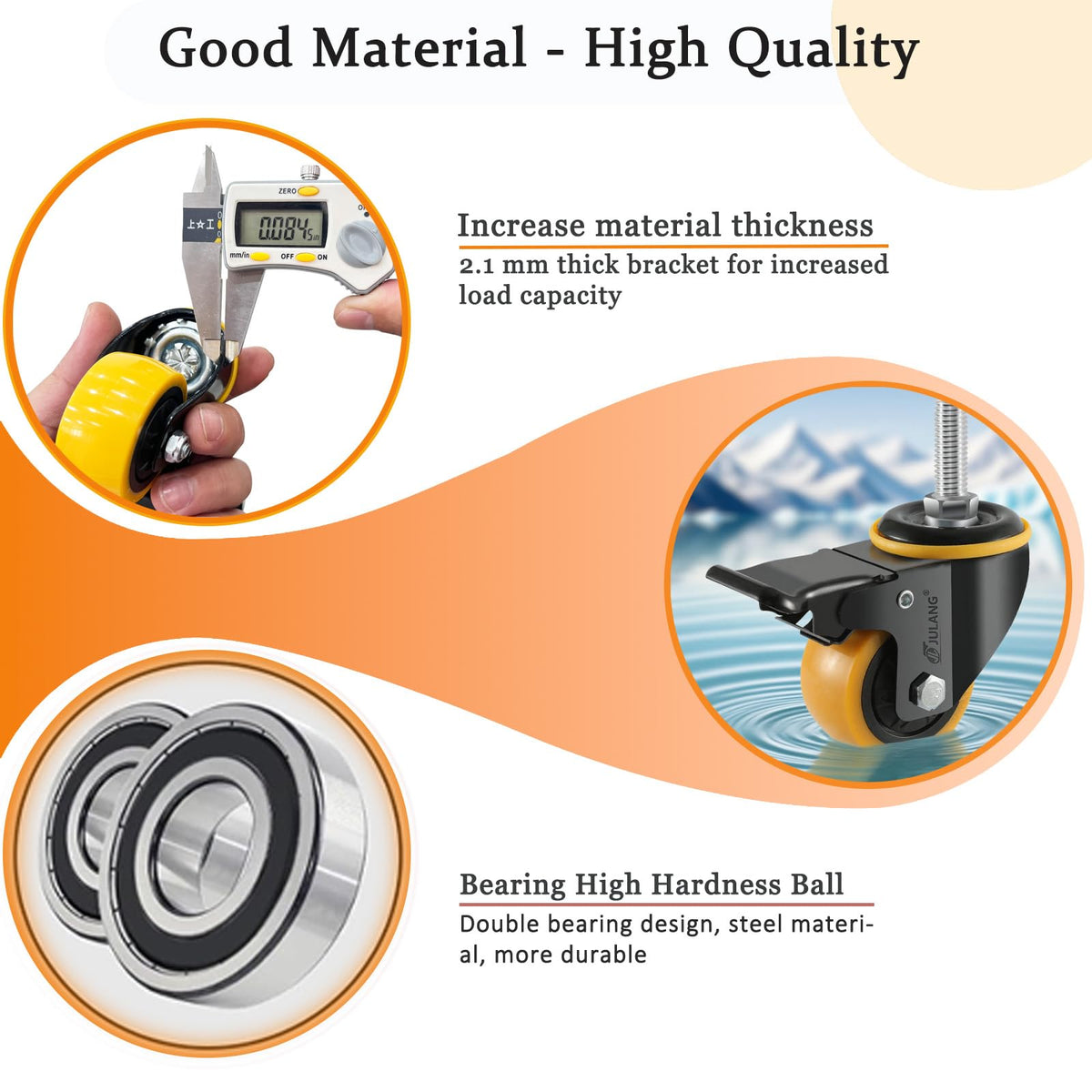 Julang dual locking casters provide braking and fixed-direction control