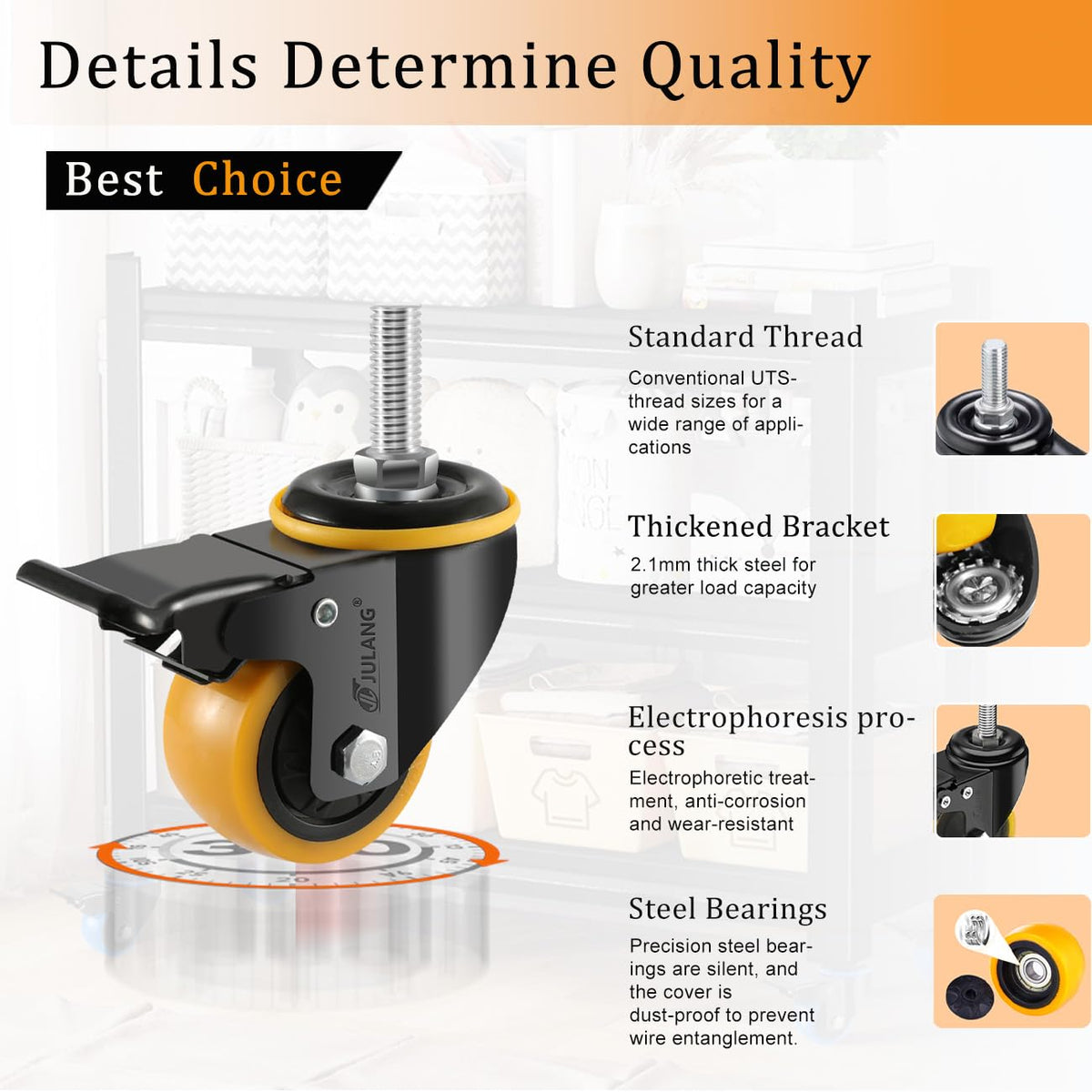 Julang floor-friendly 2-inch PE wheels protect wood and tile surfaces