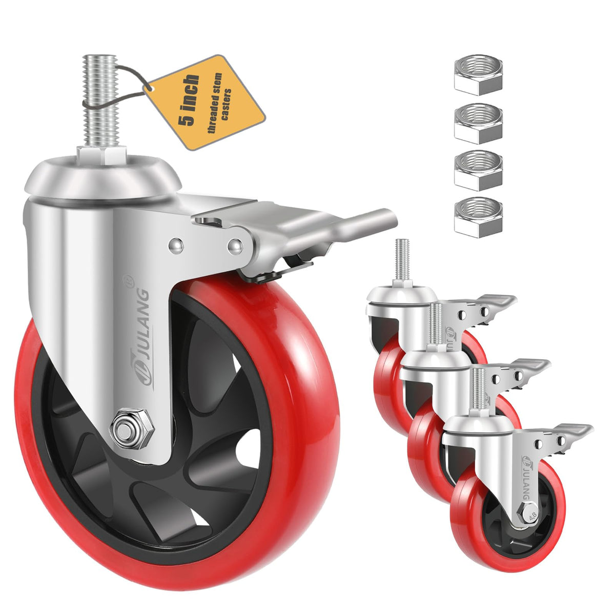 Julang heavy-duty 5-inch caster wheels showing 2800lbs capacity for heavy equipment moves.