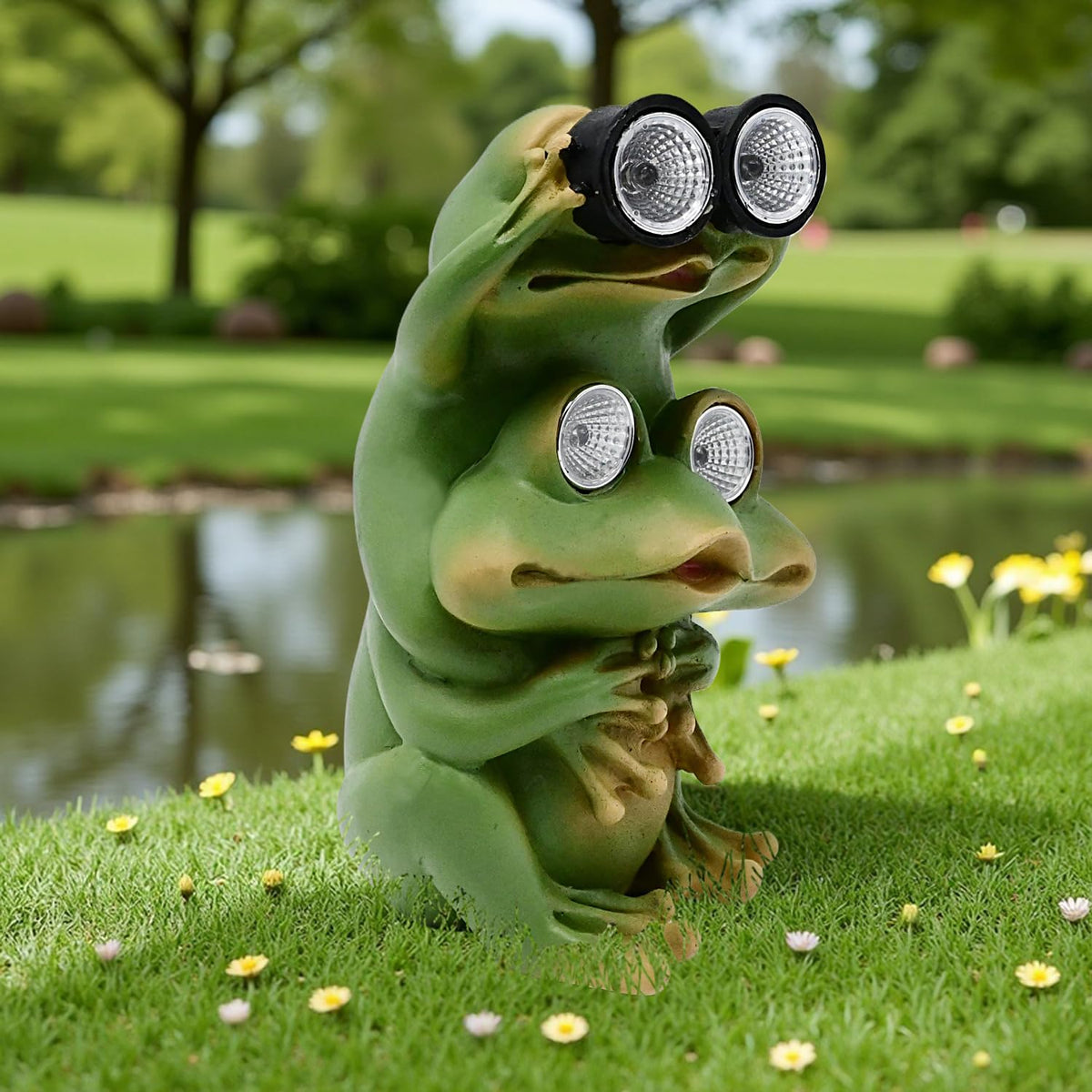 Juliahestia garden frog solar statue glows softly at night, creating inviting outdoor ambiance.