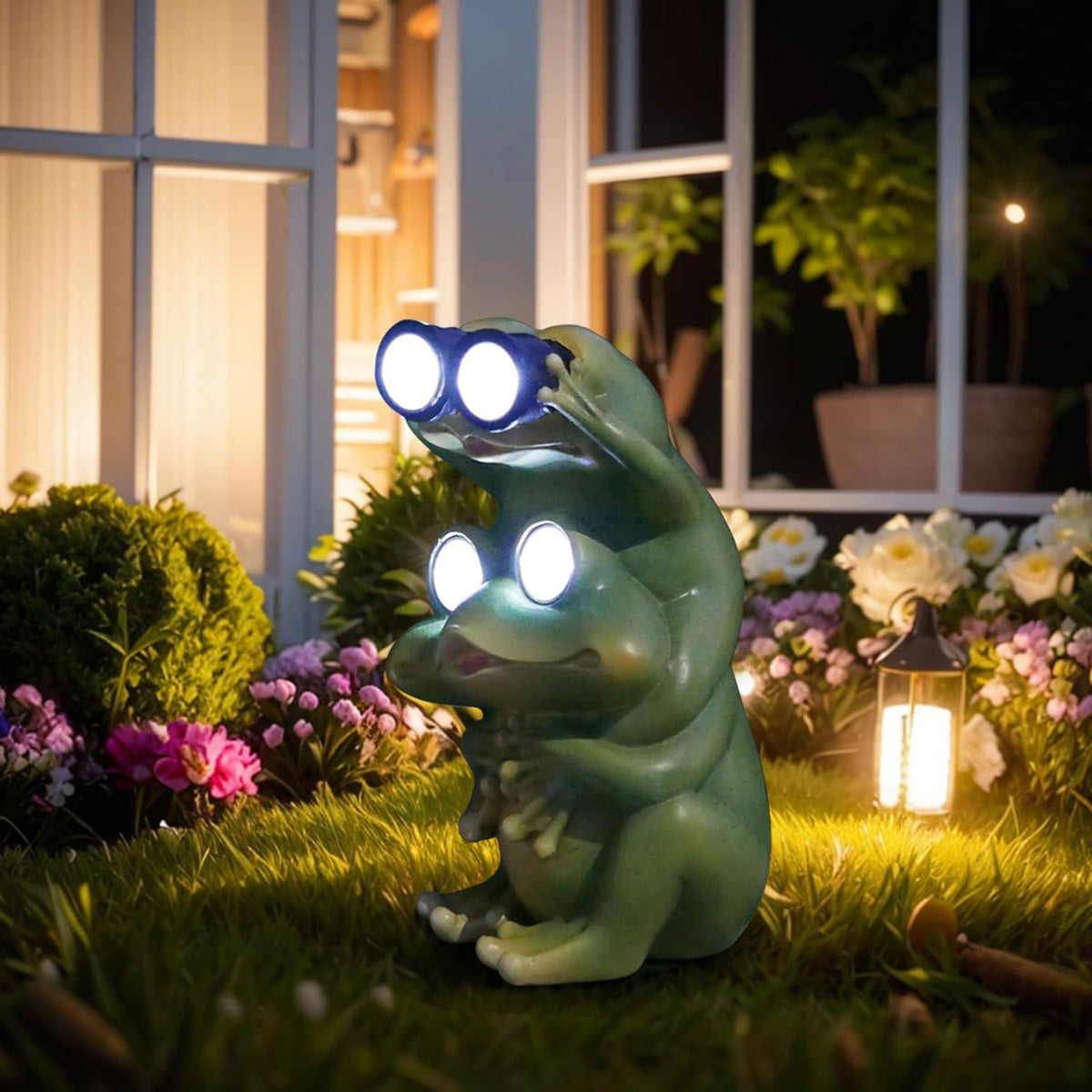 Juliahestia yard frog figurine lights up with solar power for low-maintenance decorative lighting.