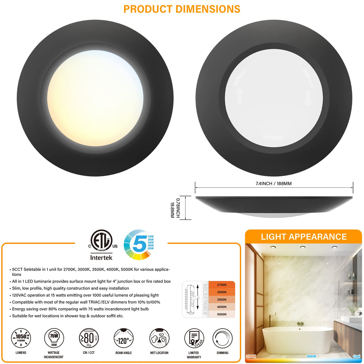 JULLISON 6-inch disk light side view shows low-profile ceiling fit