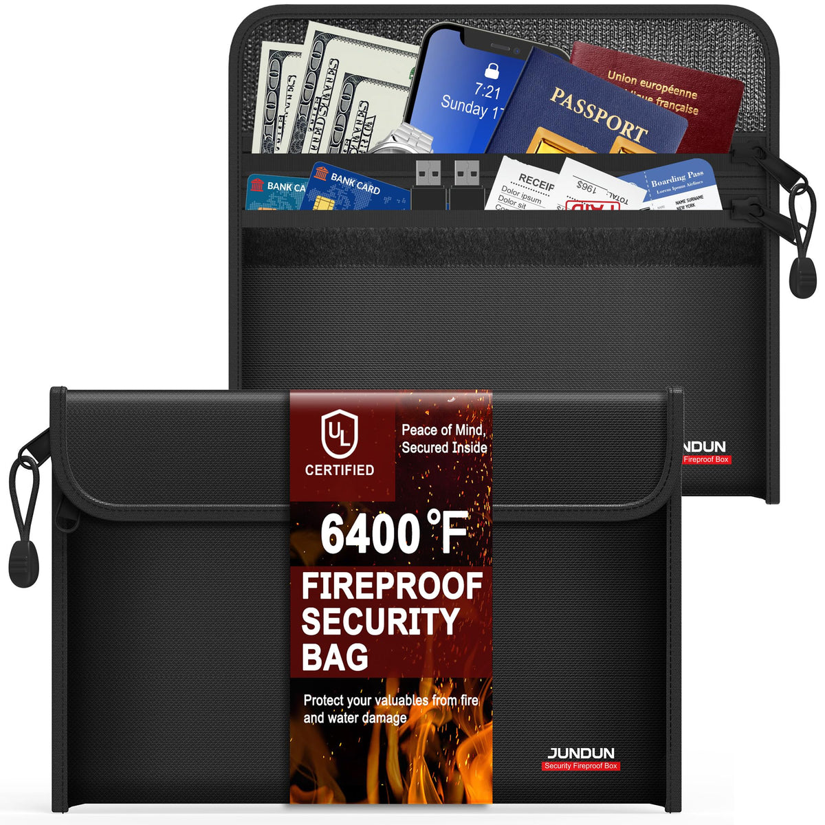 JUNDUN 6400℉ fireproof bag, 8.6x5.9 inch size protects cash and documents
