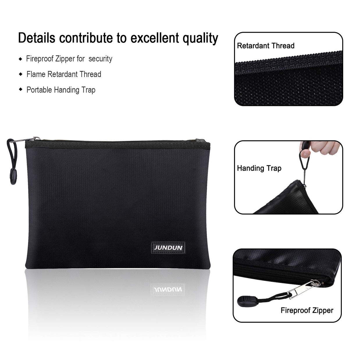 Waterproof zipper cap on JUNDUN fireproof bag guards against water spray