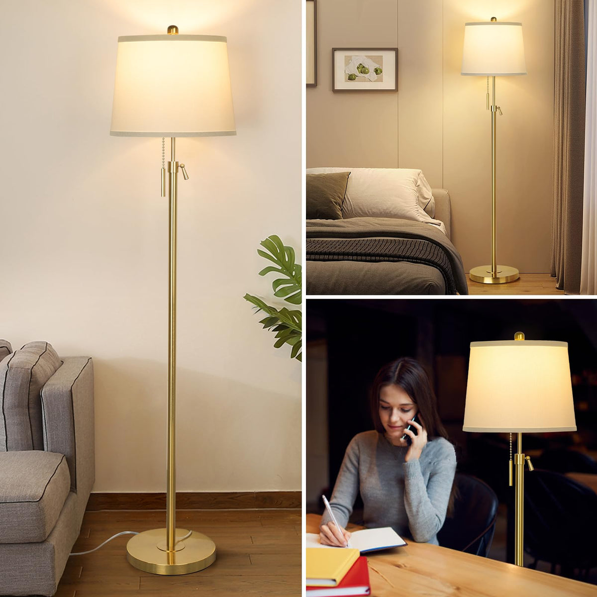 JUNNAI Gold Floor Lamp placed beside a bed for reading light